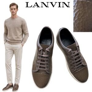 Lanvin Men’s Cracked Patent Leather Low Top Sneakers Designer Shoes Brown Sz 10